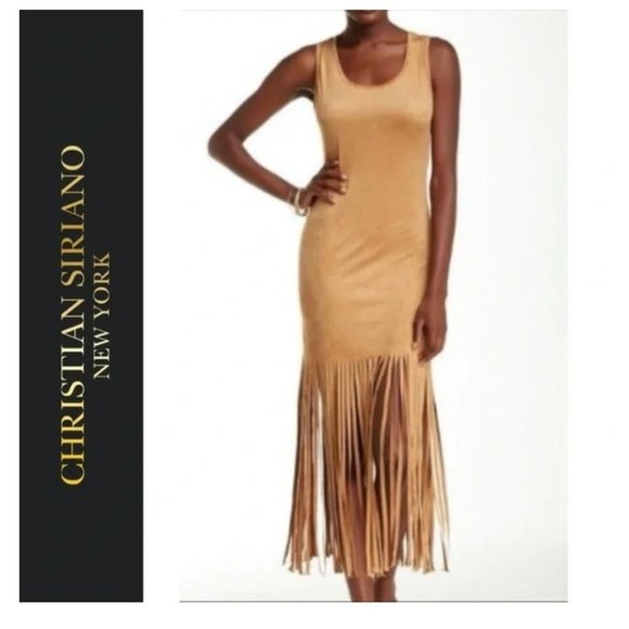 Christian Siriano Dresses & Skirts - Christian Siriano | NWOT Tan Faux Suede Fringe Dress | Womens  | Party | Costume